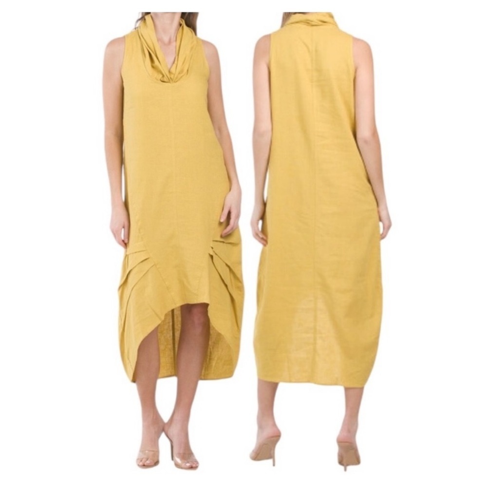 For Cynthia Lagenlook Boho Artsy Coastal Sleeveless Linen Blend Dress Marigold S